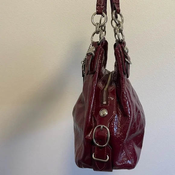 ~RARE Coach Maggie Mia Patent Cranberry Red Leather Handbag Tote Hobo Purse~